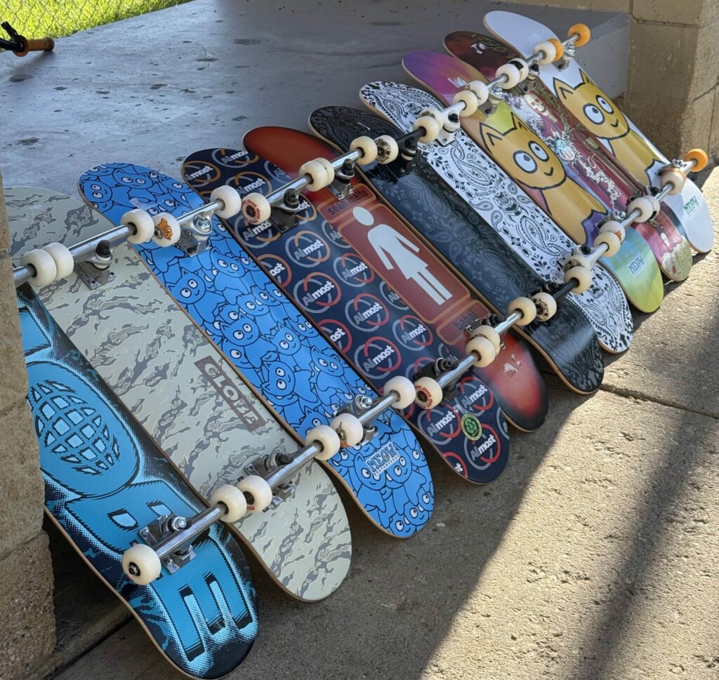 Donated skateboards from Frontline, Doing Business, & Globe